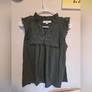 LOFT Olive Green Lace Trim Blouse